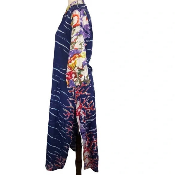 Antica Sartoria Blue Multicolor Beaded V-Neck Cotton Kaftan Maxi Dress S/M - Picture 5 of 11